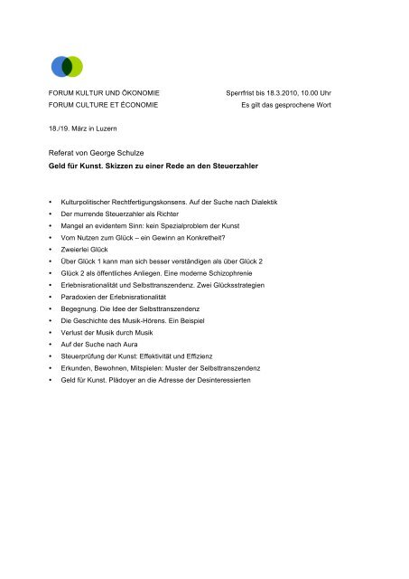 Referat Von George Schulze Geld Für Kunst Skizzen Zu Einer