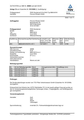 GUTACHTEN zur ABE Nr. 46698 nach Â§22 StVZO Anlage 18 zum ...