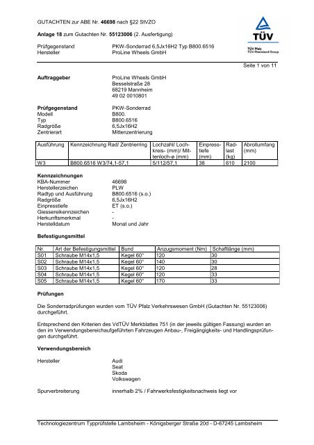 GUTACHTEN zur ABE Nr. 46698 nach Â§22 StVZO Anlage 18 zum ...