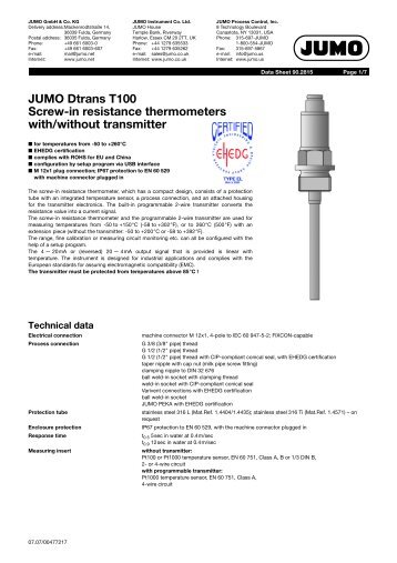JUMO Dtrans T100 Screw-in resistance thermometers with/without ...