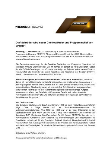 Olaf SchrÃ¶der wird neuer Chefredakteur und Programmchef ... - Sport1