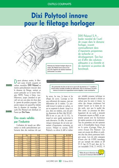 DIXI innove dans le filetage horloger - DIXI Polytool