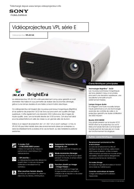 TÃ©lÃ©charger la brochure commerciale Sony VPL EX145 - Lampe ...
