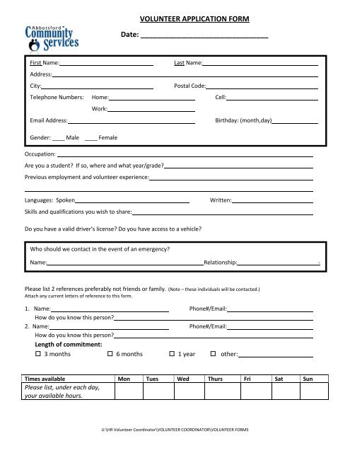 VOLUNTEER APPLICATION FORM Date - Abbotsford Community ...