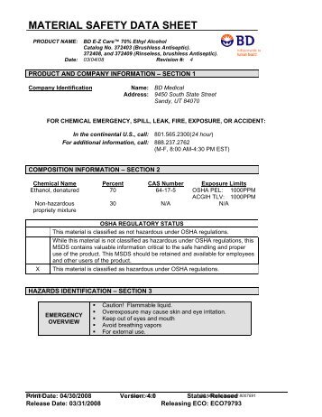 MATERIAL SAFETY DATA SHEET - Southland Medical Corporation