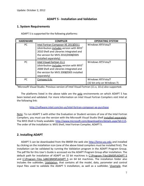 ADAPT 5 - Installation and Validation 1. System Requirements 2 ...