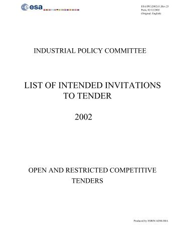 LIST OF INTENDED INVITATIONS TO TENDER 2002 - emits - ESA