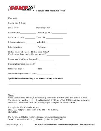 Custom cam check off form - Motor State Distributing