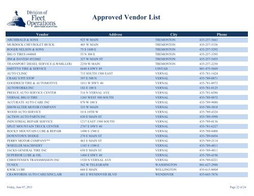 Approved Vendor List - Fleet