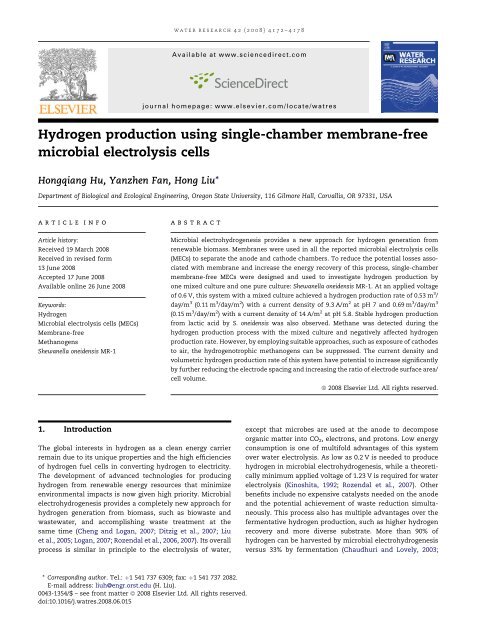 Hydrogen production using single-chamber membrane-free ...