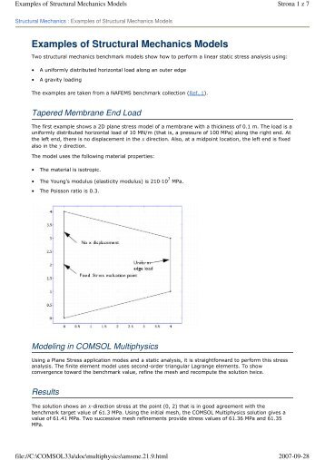 Examples of Structural Mechanics Models