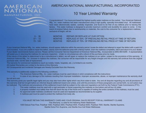 10 Year Hardside Warranty - American National Manufacturing Inc.