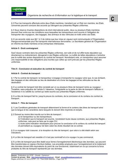 Regles uniformes sur le Contrat de transport ... - Logistique conseil