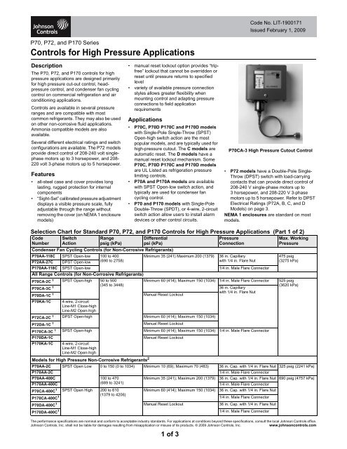 50 to 300 psi Johnson Controls P70AA-119C Pressure Control Low