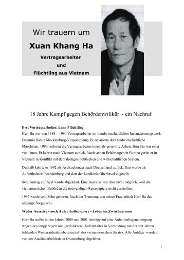 Wir trauern um Xuan Khang Ha - FlÃ¼chtlingsrat Brandenburg