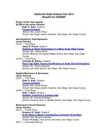 2013 CA State Science Fair Results - Greater San Diego Science ...