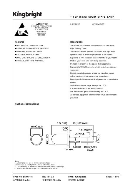 T-1 3/4 (5mm) SOLID STATE LAMP Features Package Dimensions ...