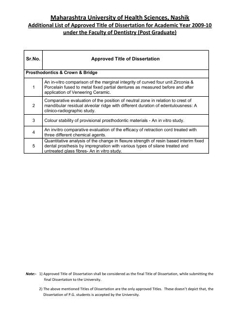 Additional List of Approved Title of Dissertation for Academic Year ...