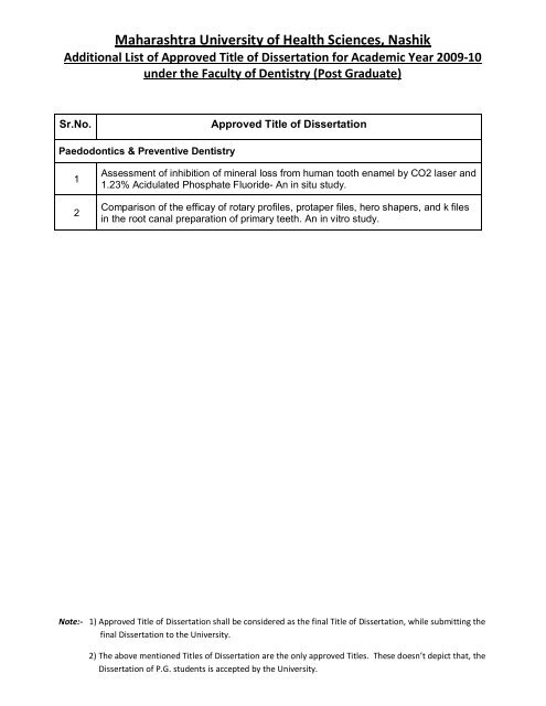 Additional List of Approved Title of Dissertation for Academic Year ...