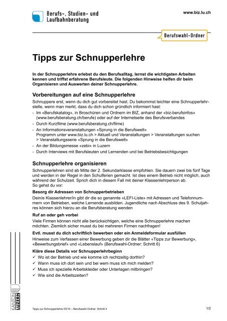 Tipps zur Schnupperlehre - learnsite