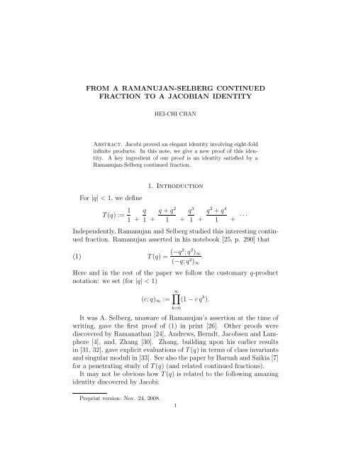 FROM A RAMANUJAN-SELBERG CONTINUED FRACTION ... - eDocs
