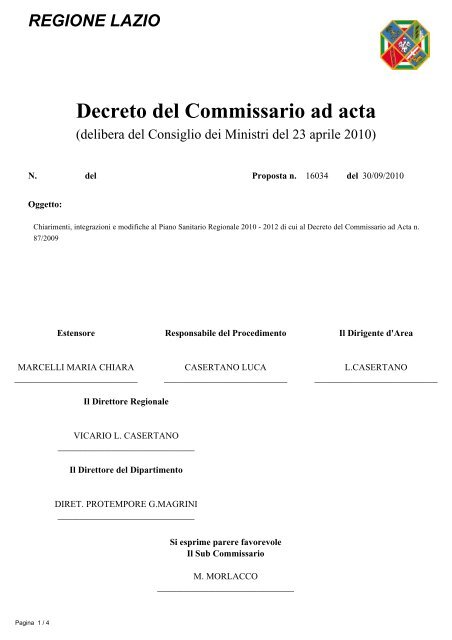 Decreto del Commissario ad acta - Regione Lazio