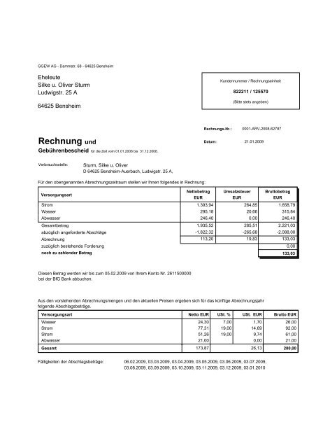 Rechnung Tarifkd. GGEW - CO2-Erdsonde WÃ¤rmepumpe Bensheim