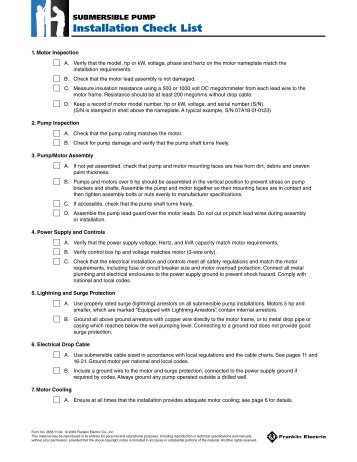 Form 3656: Pump Installation Check List - Franklin Electric