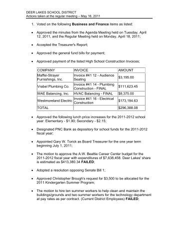 Actions taken at the regular meeting â May 16, 2011 - Deer Lakes ...