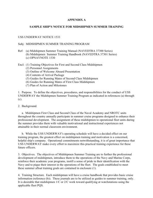 APPENDIX A - Sample Ship's Notice of Training - Navy ROTC