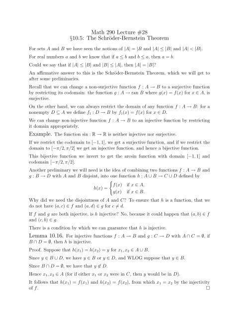Bernstein Math Book Math 290 Lecture #28 §10.5: The Schröder-Bernstein Theorem