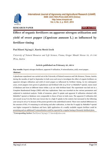 Effect of organic fertilizers on apparent nitrogen utilization and yield of sweet pepper (Capsicum  annuum  L.) as influenced by fertilizer timing