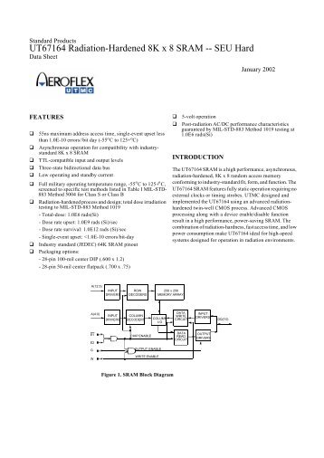 UT67164 Radiation-Hardened 8K x 8 SRAM -- SEU Hard - Datasheets