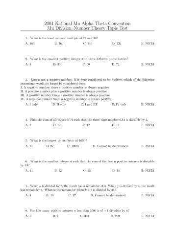 2004 National Mu Alpha Theta Convention Mu DivisionâNumber ...