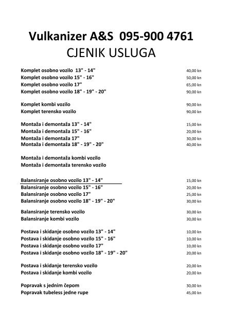 CJENIK USLUGA - Ponuda Dana