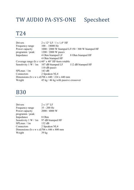 TW AUDIO PA-SYS-ONE Specsheet T24 B30 - bse-pro.nl
