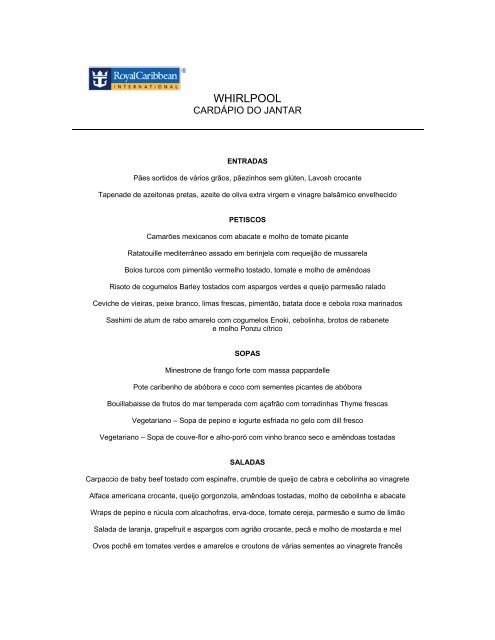 SOLARIUM DINNER MENU - Royal Caribbean