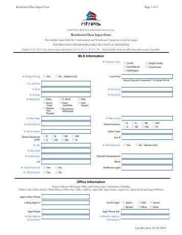 Residential Data Input Form MLS Information Office ... - NTREIS