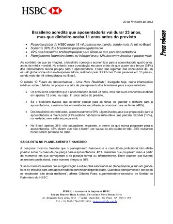 Brasileiro acredita que aposentadoria vai durar 23 anos ... - HSBC