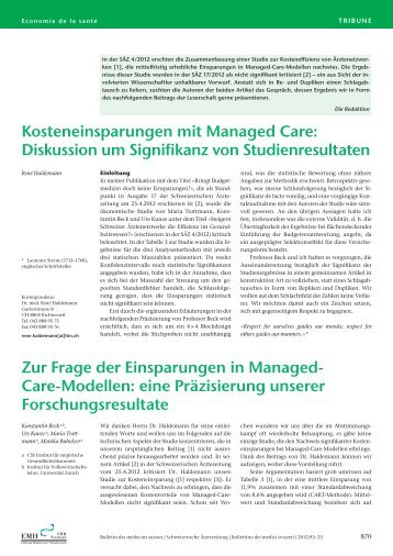 Kosteneinsparungen mit Managed Care - Schweizerische ...