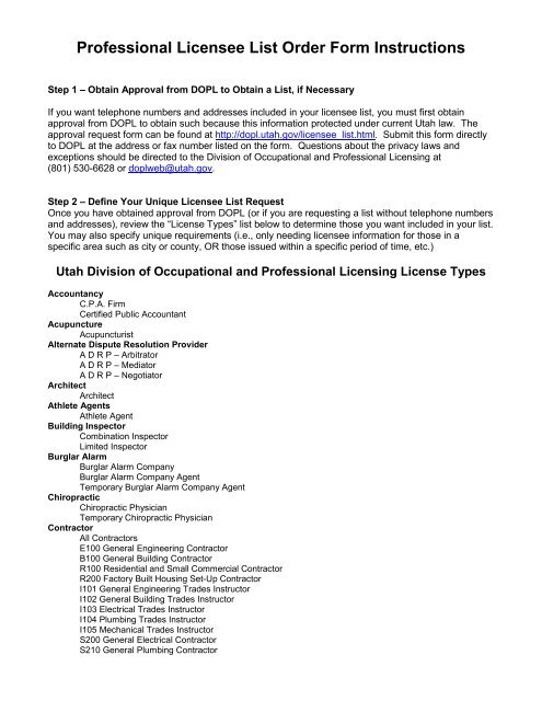 Professional Licensee List Order Form Instructions - Utah ...
