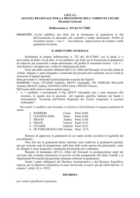 Deliberazione n. 519 del 31/07/2006 - ARPAL