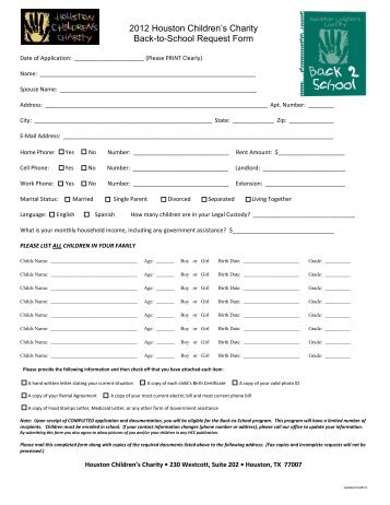 2012 Houston Children's Charity Back-to-School Request Form