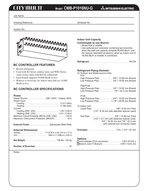 Model: CMB-P1016NU-G - Mitsubishi Electric Sales Canada Inc.