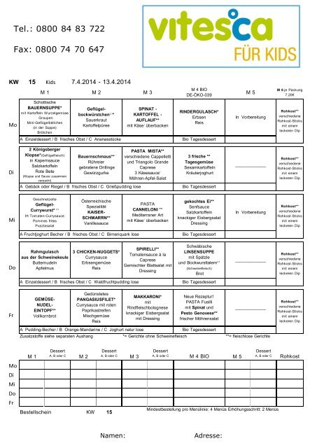 vitesca - Kita- und Kindergarten Speiseplan 07.04 - 13.04.2014