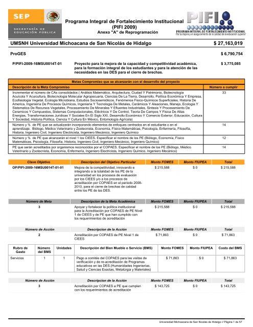 Programa Integral de Fortalecimiento Institucional (PIFI 2009 ...