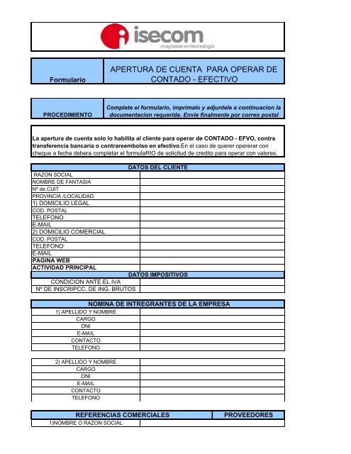 Formulario en formato PDF: Para Operar de Contado - Isecom