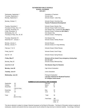 2010-2011 Calendar - Rutherford Public Schools