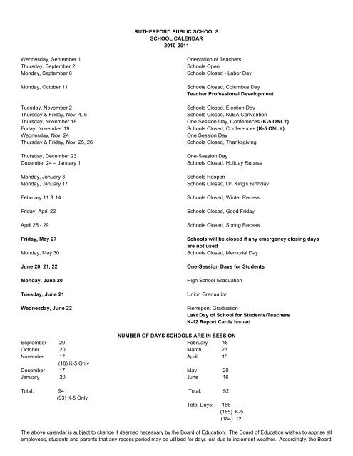 2010-2011 Calendar - Rutherford Public Schools