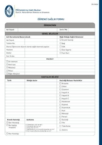 Öğrenci Sağlık Formu (EK-4) - İTÜ Geliştirme Vakfı Okulları